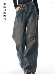 Kadınlar kot ueteey amerikan retro geniş bacak bol pantolon sokak kıyafeti deliği pantolon y2k moda 2024 erkek arkadaş denim düz