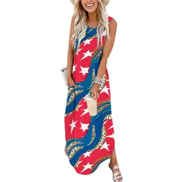 Casual Dresses Women Long Dress Loose Sundress Independence Day ärmlös med fickor 2024 Summer Beach Holiday Maxi
