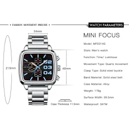 Mini Focus Men смотрит Quartz Square Big Dial Top Top Brand Luxury мужской часы хронограф спортивные мужские запясть