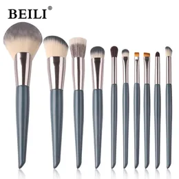 BEILI 10 Pcs Blue Makeup Brushes Set No High Quality Eyebrow Concealer Powder Contour Face Make up Synthetic hair 240403