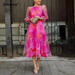 Jesienna sukienka wieczorowa Elegancka żeńska swobodna gaza kwiatowa drukowana wiosenna lady o szyjka 34 Puff rękawa huśtawka 240321