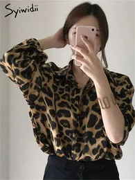 Леопардовые печатные рубашки для женщин из шифоновой блузки корейская модная винтажная пуговица уличной одежды Y2K Up Eleagnt Casual с длинным рукавом 240322