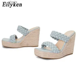 Slippers New Style Braid Wedges Women 2024 Moda Hollow Square Toe Str Rattan Weave Sliders Summer Shoes fêmeas H240403WUFA