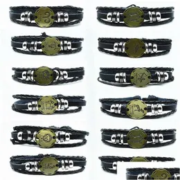 Charme Armbänder verstellbare Männer Lederarmbandmanschetten Vintage Punk 12 Sternbemerkeln männliches schwarzes Armband Freundschaft für Frauen Dhdwo