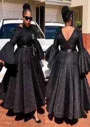 Spring 2020 Puffy Long Sleeve Plus Size Prom Dresses Boat Neck Puffy A Line Ankle Length Black Lace Formal Gowns for Black Girls3331228