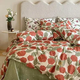 Set di biancheria da letto in stile americano cotone in cotone a 4 pezzi fogli da letto con stampa floreale e cuscino di copertura del piumone set king size