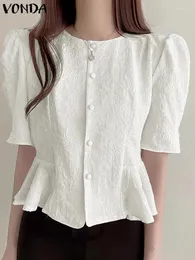 여성용 블라우스 여성 우아한 셔츠 2024 Vonda Summer Ruffled Tops 캐주얼 한 느슨한 짧은 퍼프 슬리브 버튼 블라우스 단색 Blusas