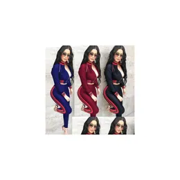 Kvinnors jumpsuits Rompers Womens Sports Tracksuit 3 Color Night Club y Stripe Printed Tracksuits Solid Women Long Sleeve Drop Deliv Dhyf7