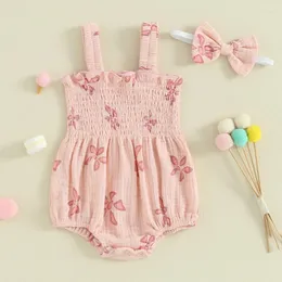 Kleidungssets für Babys, Mädchen, Sommer-Outfits, süßer Strampler, rosa, ärmellos, Blumenmuster mit Stirnband, 2-teiliges Set für 0–18 Monate