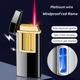 Metal Outdoor Windroof Gas Tows USB Jet Roller Indução eletrônica Ignição Red Flame Torch Butana RECLAKENTES