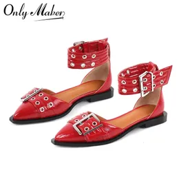 OnlyMaker Women Red Speined Tose Bluckle Flats Wygodne buty o dużych rozmiarach 240326