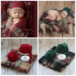 Fotografi 2020 Ny ankomst Nyfödd fotograferingskläder Jul 3PCS Set Hat + Wrap + Plaid filt Baby Foto Shoot Accessories Red Green