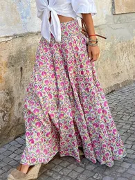 Salia longa de verão boho imprimir fêmea floral praia maxi saias femininas férias de cintura elástica solta e elástica 240327