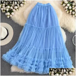 Skirts Fashionable Tiered Maxi Tle Skirt For Women Blue Floor-Length A-Line Female 92Cm Lengthen Long Tutu Summer 2024 Drop Delivery A Ottzr