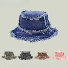 Ball Caps 2024 Vintage Bucket Hat Frayed Denim Hats Wide Brim Outdoor Sun Summer Beach Cap