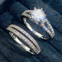 2pcs обручальные кольца Huitan Luxury Trendy Wedding Sets Rings для женщин 2pcs Full Bling Iced Out aaa Cubic Rings Кольца Обручальные группы