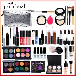 Kits Popfeel Cosmetic Kit Face Foundation Polis de unha Multifuncional em pó de maquiagem conjunto Paleta de sombra labial com saco de maquiagem