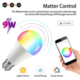Kontrol Matter WiFi 9W LED Ampul E27 RGBCW Akıllı Dimmable Lamba 9W LED Ampul Ses Kontrolü Homekit Siri Google Home Smarthing Alexa