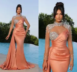 Elegant Orange Pink Long Mermaid Evening Dresses Sheer Beads Appliques High Neck Satin Pleats Ruffles Long Formal Prom Dresses with long sleeves BC16781