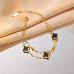 Schwarz Luxus Clover Ankets Klassisches Design doppelter Schichtcharme Anketto -Boutique Stil Womens Geschenk Schmuck Frühling Neue Mode Gold plattiert Fußkettchen