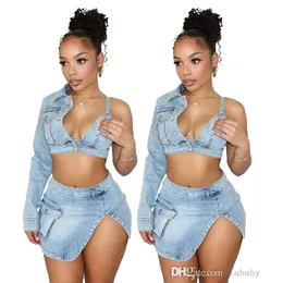 Denim Skirt Set Sexy Stretch Jeans 2 Piece Set Women 2024 Fashion Asymmetry Jacket Bra Top Split Mini Skirts Sets For Women Outfits