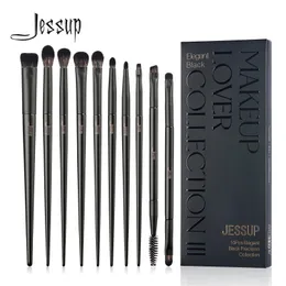 Jessup Eyeshadow Brushes Set 10pcs Eye Brush Shadow Blending Flat Liner Crease Duoend Brow Spoolie Broach Elegant Black T337 240403