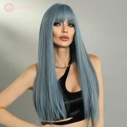 Wigs 7JHH WIGS Synthetic Wigs for Women Long Straight Wigs with Bangs Omber Blue Synthetic Crochet Hair Daily Party Cosplay Wigs Blue