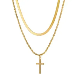 Złoty kolor cross wisiorek podwójnie warstwy Naszyjnik metalowy łańcuch szyi Jezus Crucifix Chrześcijańska biżuteria dar