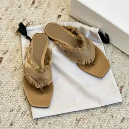 Slippers 2024 The Niche Tassel Design Satin Toe Sandals With Flat Leather And Fip-flops Outside