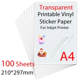 Pennor 100 -kassor A4 Transparent utskrivbar vinylklistermärke papper 210*297mm vattentätt selfadhesive papper för för bläckstråleskrivare DIY -etikett