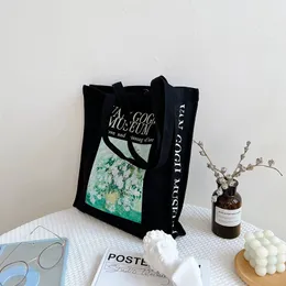 Van Gogh Fêmea Bolsa de ombro de lona feminina Vintage Rose em vaso impressão de pano de pano de algodão preto Livros da bolsa Handbag feminino Eco compras 240323