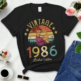 ヴィンテージ1986限定版ブラックコットンTシャツ女性レトロサマーファッション38th 38歳の誕生日パーティーTシャツレディーストップ240403