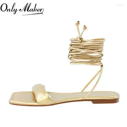Sapatos casuais OnlyMaker Womens Gold Lace Up Sandals Flat Soft Moda Big Sizer Slipper