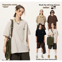 Dongdu broderad berg utomhus kort ärm jordfärg dimma trendiga märke t-shirt mäns