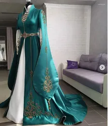 Party Dresses Green Kaukasus National Evening Cape Sleeves Gold Embroidery Elegant High Collar Muslim Satin Caftan Prom Gown