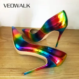 Stövlar Veowalk Artsy Glossy Colorful Print Women pekade Toe High Heels Ladies Slip On Stilettos Pumps Sexy Night Club Thin Heel Shoes