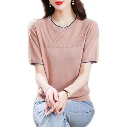 女性編みアイスシルクTシャツ半袖夏の薄いオナックプルーブトップ240403