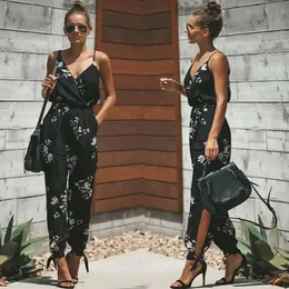 Frauen Sommer sexy Rückenless lässig Deepv Floral Print Riemchen -Jumpsuits Strampler 240321