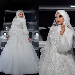 Abiti da sposa a maniche lunghe musulmane paillettes perle perle abiti da sposa da sposa da sposa realizzato con il collo alto e lucido vestido de novi arabo sposa abito