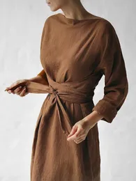 Kvinnor avslappnad solid bomullslinne klänning mode snörning långärmad maxi klänningar vår kvinnlig elegant enkel klänning mujer harajuku 240318