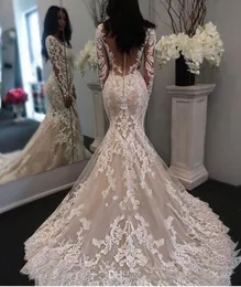 2020 Sexy Arabic Mermaid Wedding Dresses Appliques in pizzo Abiti a maniche lunghe Illusione Sheer Button Back Sweep Train Plus size Brida7996437