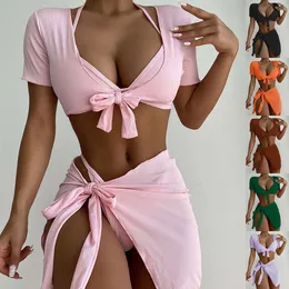 Chanshuang New Bikini Four Piece Swimsuit Womens Solid Color Swimsuit Multi Piece Stet Bikini