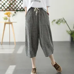 Women's Pants NINI WONDERLAND 2024 Summer Plaid Cotton Loose Calf Length Elastic Waist Casual Harem Lady Vintage Trousers