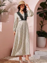 Ethnic Clothing Elegant Abaya Lace Print For 2024 Spring Musim Women Long Sleeve Maxi Dress Turkey Dubai Islamic Evening Party Arab Gown