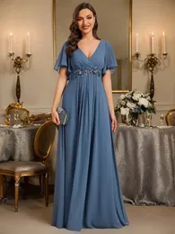Eleganckie sukienki wieczorowe głębokie aplikacje na szyję plisowaną długość podłogi 2024 BaziiingAaa z szyfonu zakurzone granatowe sukienki druhny 240403