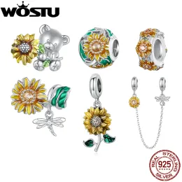 Wostu 925 Sterling Silver Girl Pearls Gunflower Clock Charms Bads Pingente Fit Fit Original Bracelet Colar para jóias femininas