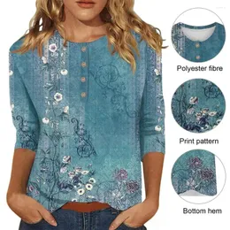 Kvinnors blusar Spring Autumn Shirt Vintage Floral Button-Up For Women Soft Breattable Three Quarter Sleeve Tops Colorfast T-shirt