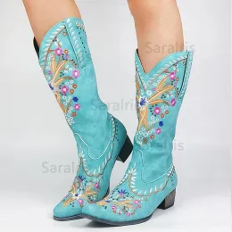 Boots SARAIRIS Fashion Mixed Color Kneehigh Great Quality Women Shoes Plus Size 43 Embroider Western Boots Comfy Walking Corral Boots