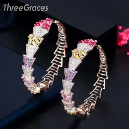 Earrings ThreeGraces Sparkling Multicolor Cubic Zirconia Big Geometric Circle Round Hoop Earrings for Women 2022 New Trendy Jewelry ER629