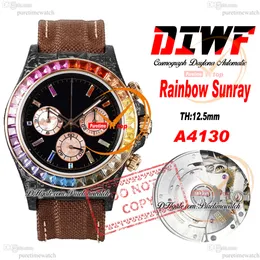 Diw Rainbow Sunray Carbon A4130 Automatisk kronograf MENS Titta på Diwf Black Diamonds Dial Brown Nylon Strap Super Edition Samma seriekort Puretime Reloj Ptrx F2